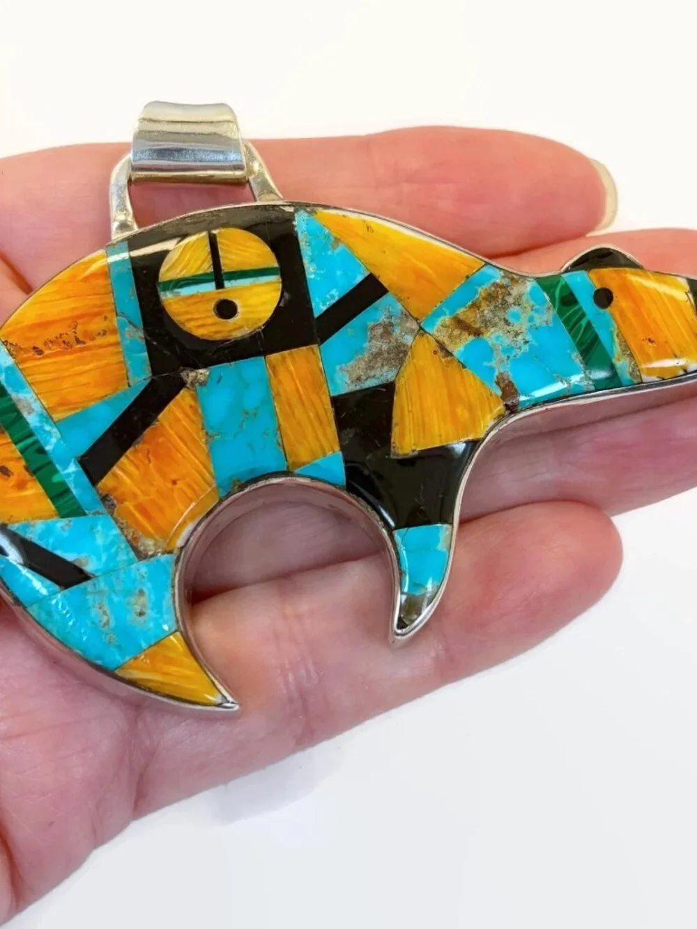 Native American Bear Pendant, Vintage, Sterling Silver, Turquoise, Spiny Oyster